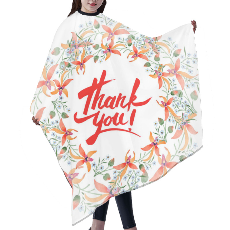 Personality  Thank You Greeting Card With Blue And Orange Flowers. Watercolour Drawing Of Background With Orchids And Forget Me Nots. Hair Cutting Cape