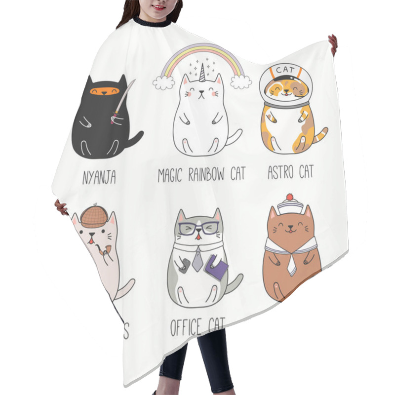 Personality  Set Of Hand Drawn Kawaii Cats In Costumes Isolated On White Background, Vector, Illustration, Design Concept For Children Print Hair Cutting Cape