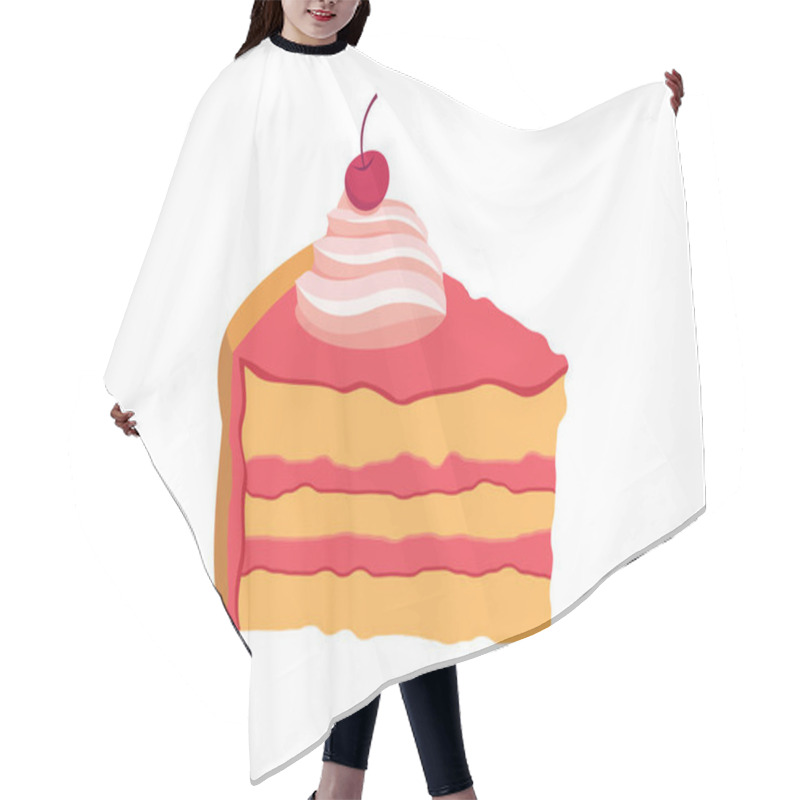 Personality  Piece Of Cake With Whipped Cream And Cherry Icon Vector. Slice Of A Pink Dessert Vector. Pink Cherry Cake Icon Isolated On A White Background Hair Cutting Cape