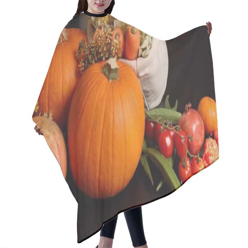 Personality  Pumpkins, Cherry Tomatoes, Pepper Evoke Festive Harvest Scene. Rustic Charm And Warm Seasonal Colors Create Cozy Autumn Atmosphere, Perfect For Indoor Gatherings, Fall Decor, Harvest Setup. Hair Cutting Cape