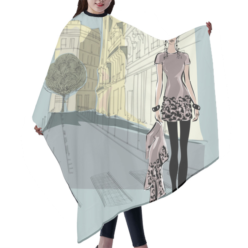 Personality  Fashion Models In Sketch Style With Paris City Background Hair Cutting Cape