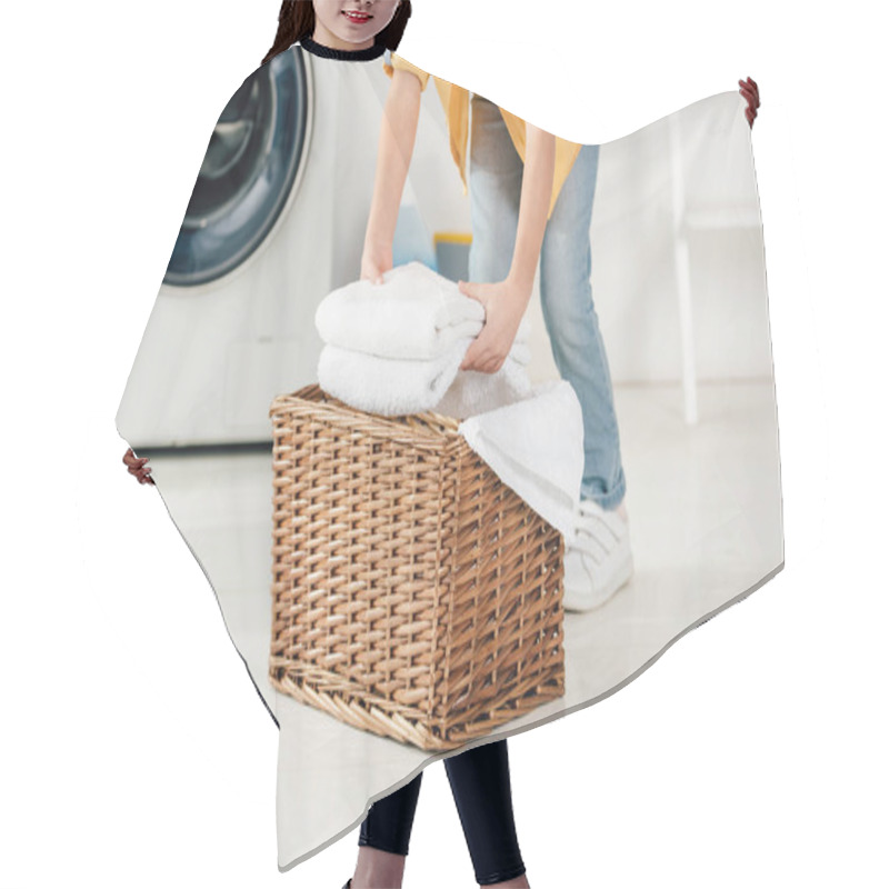 Personality  Cropped View Of Child Near Washer Putting Towels In Basket In Laundry Room Hair Cutting Cape