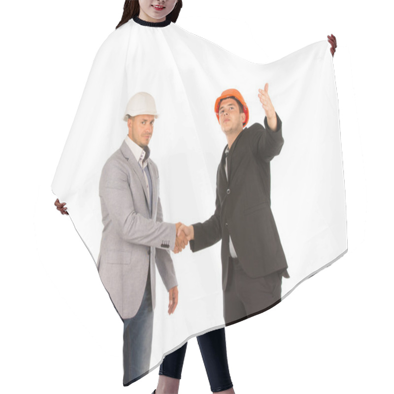 Personality  Two Middle Age Building Designers Shaking Hands Hair Cutting Cape