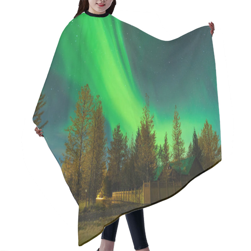 Personality  Northern Lights Over The Farmer In Iceland. Aurora Borealis In An Amazing Nightscape. Travel Destination With Beautiful Green Lights Landscape. Hair Cutting Cape