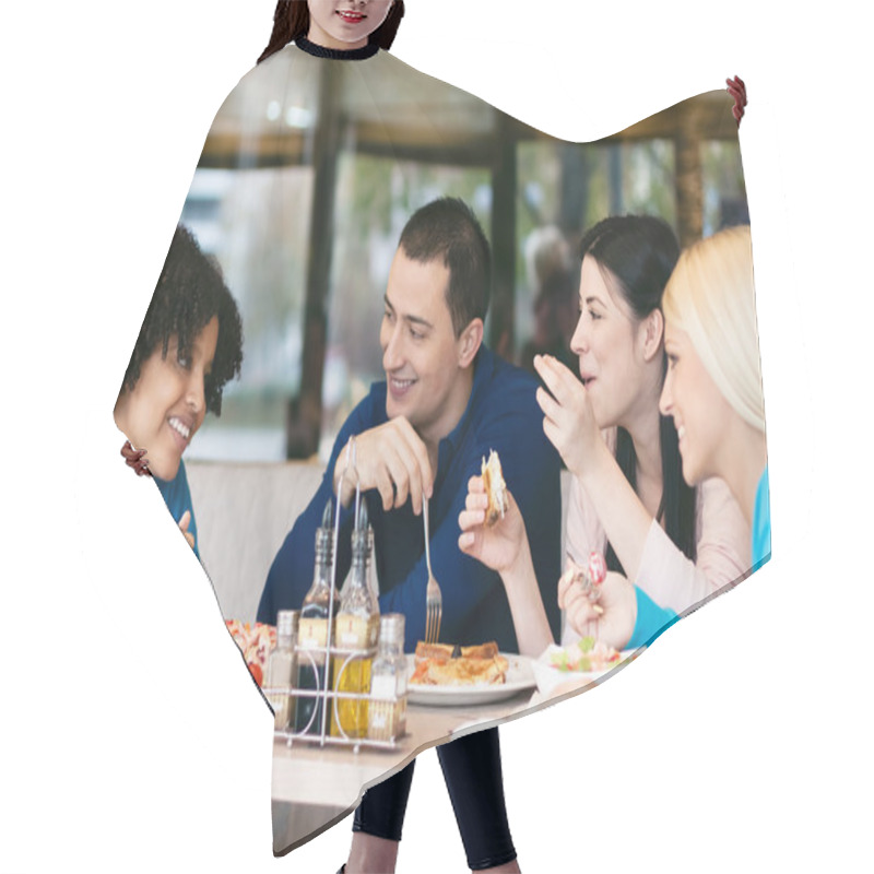 Personality  Cheerful Friends Chatting While Lunch Hair Cutting Cape