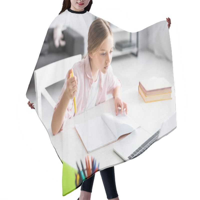 Personality  Selective Focus Of Cute Child Looking At Laptop During Electronic Education At Home  Hair Cutting Cape