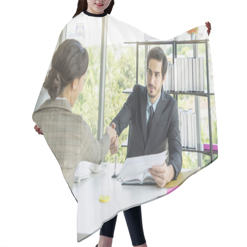 Personality  Woman And Man Colleagues Working Together In Co Working Area Hair Cutting Cape