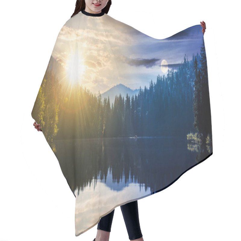 Personality  Day And Night Time Change Concept Above Tranquil Landscape With Lake In Summer. Forest Reflection In The Calm Water At Twilight. Beautiful Nature Scene With Sun And Moon. Peaceful Outdoor Environment Hair Cutting Cape