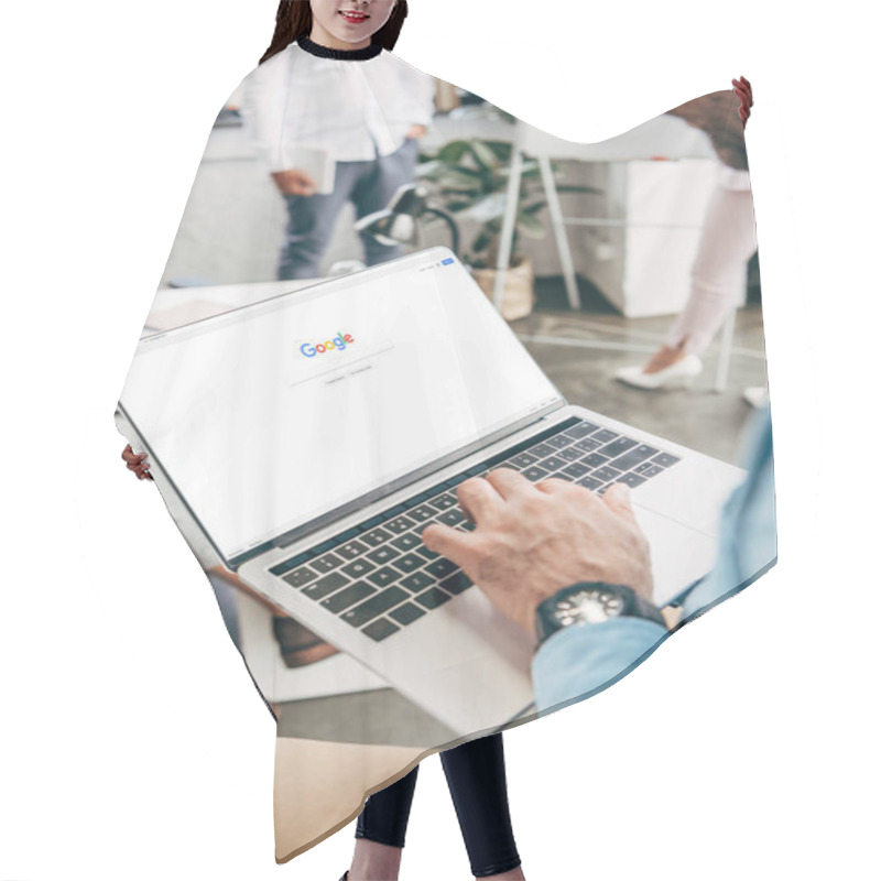 Personality  Cropped Shot Of Young Businessman Using Laptop With Google Website On Screen Hair Cutting Cape