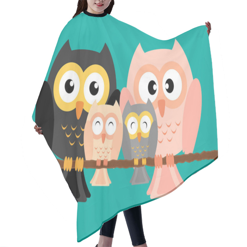 Personality  Owls Family On Tree With Two Lovely Children Vector Illustration. Hair Cutting Cape