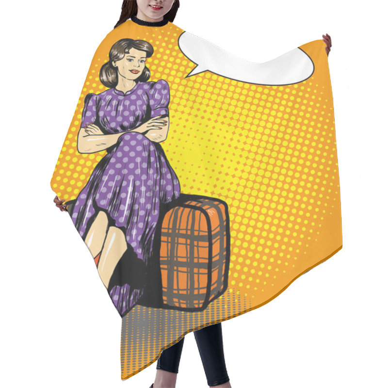 Personality  Beautiful Woman Sit On A Bag. Vector Illustration In Comic Retro Pop Art Style. Speech Bubble Hair Cutting Cape