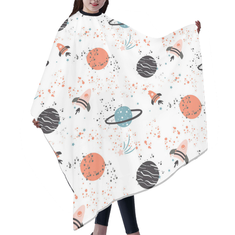 Personality  Seamless Vector Pattern With Planets And Spaceships. Hair Cutting Cape