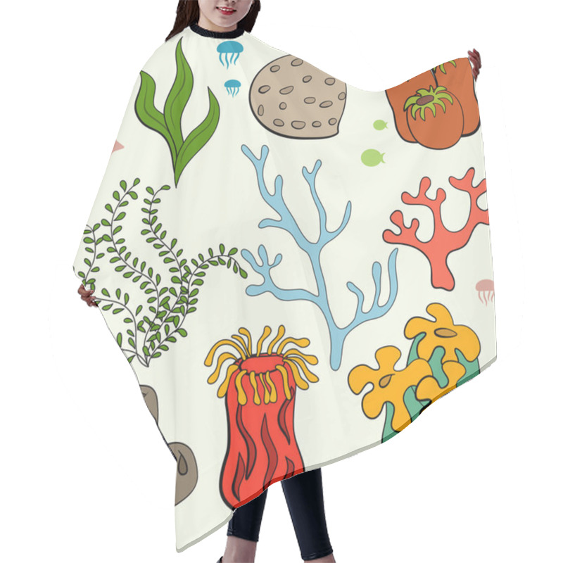 Personality  Set Of Cartoon Underwater Plants And Creatures. Hair Cutting Cape