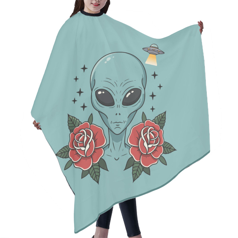 Personality  A Cool Alien Face Surrounded By Red Roses And A UFO Adds A Touch Of Mystery And Beauty Perfect For Unique Tattoo Art Or Apparel Designs. Hair Cutting Cape