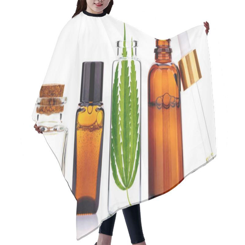 Personality  Glass Bottles Of Cannabis Oil And Hemp Leaves Isolated On White Background. Concept Of Using Hemp In Medicine Hair Cutting Cape