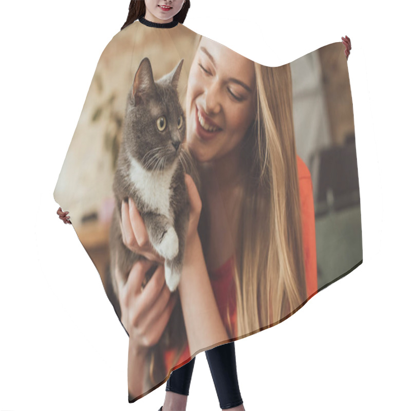 Personality  Happy Young Woman Looking At Cute Cat At Home Hair Cutting Cape