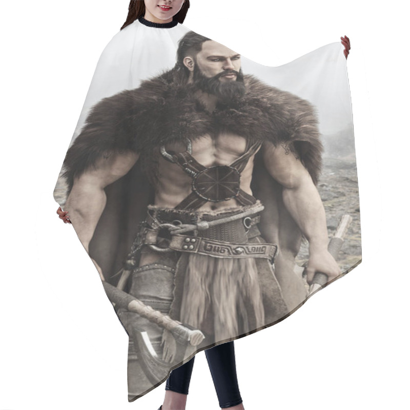 Personality  Viking Norse Raider From Scandinavia Holding Duel Bearded Axes Stands Ready For Battle To Defend His Homeland. 3d Rendering Hair Cutting Cape