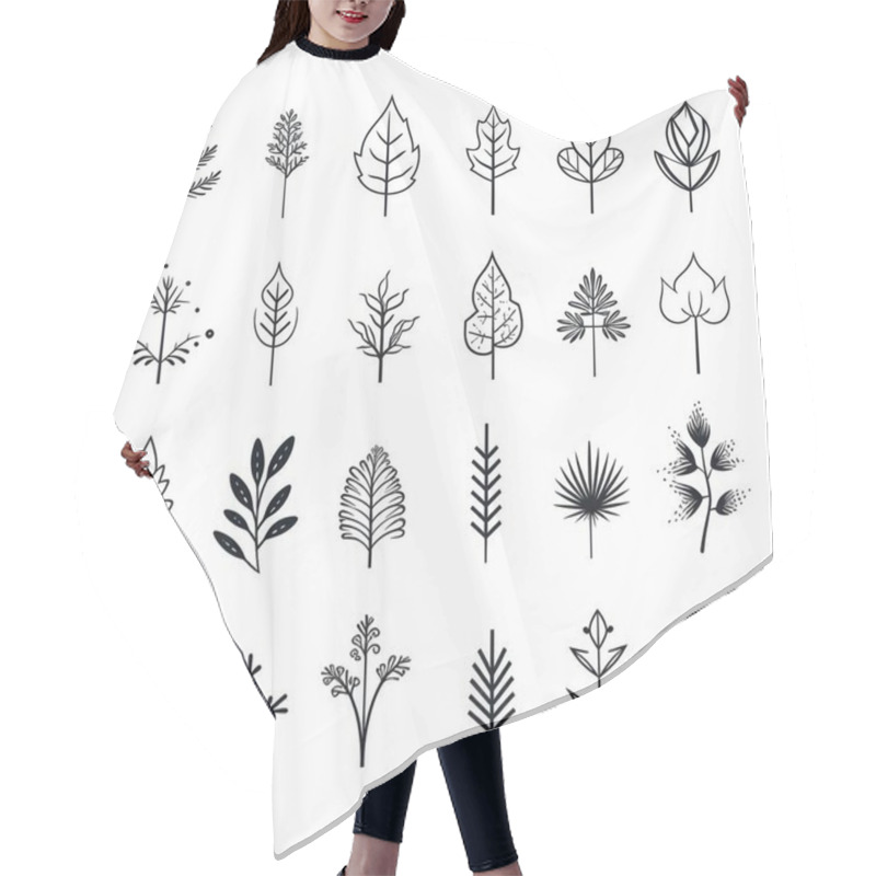 Personality  A Stylish Collection Of Various Hand-drawn Black And White Leaf And Plant Illustrations. Hair Cutting Cape