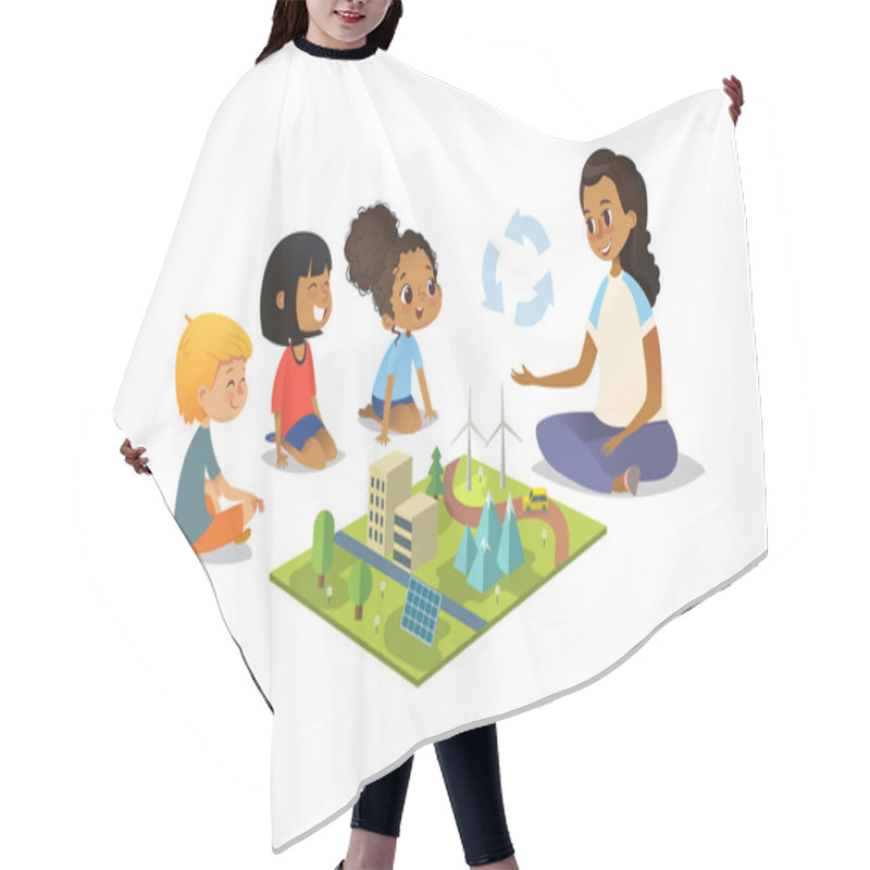 Personality  Female Teacher Discusses Ecology Green-city Using Model Landscape, Children Sit On Floor In Circle And Listen To Her. Preschool Activities And Early Childhood Education. Vector Illustration Hair Cutting Cape