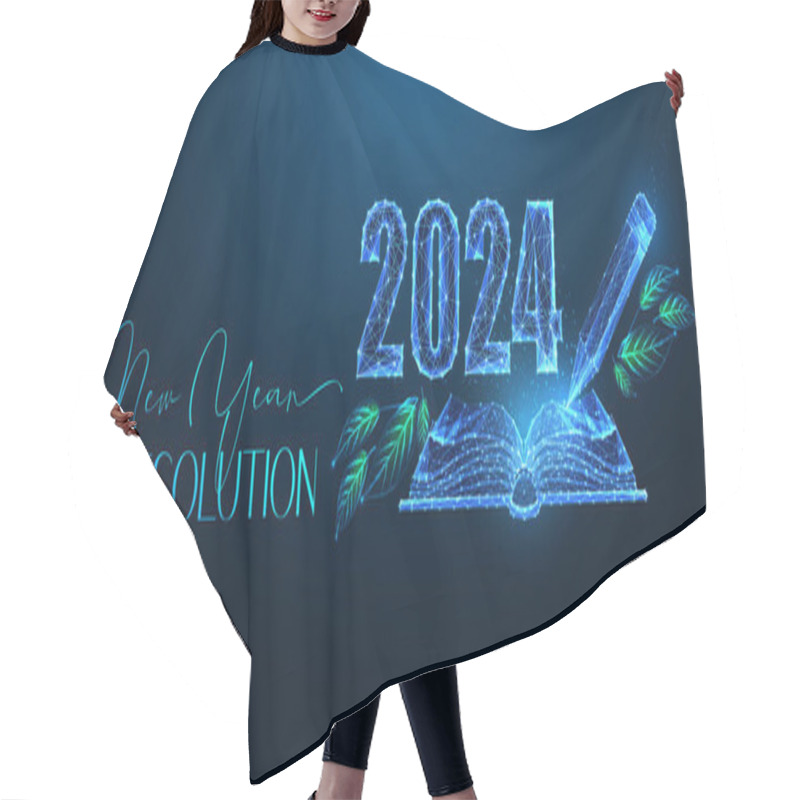 Personality  Abstract 2024 New Year Resolution Concept Banner With Open Notebook, Pencil And 2024 Digits In Futuristic Glowing Polygonal Style On Dark Blue Background. Modern Wireframe Design Vector Illustration. Hair Cutting Cape