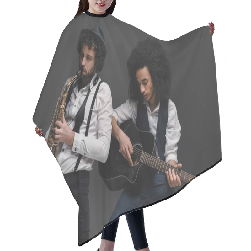 Personality  Duet Of Musicians Playing Sax And Acoustic Guitar On Black Hair Cutting Cape