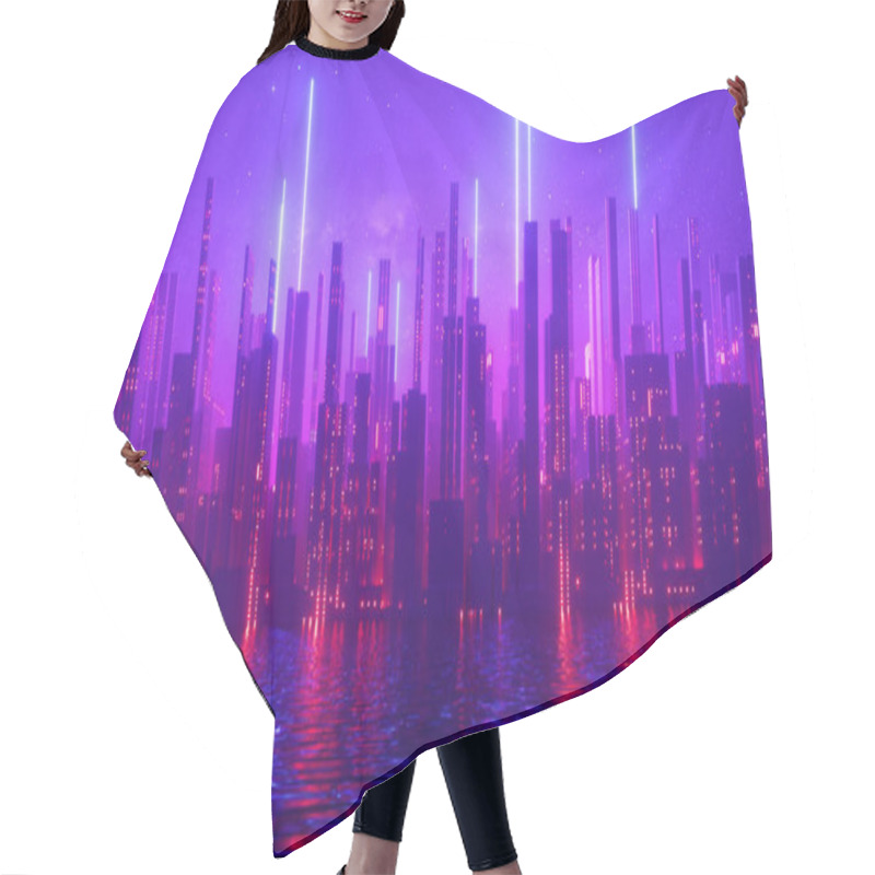 Personality  3d Render, Abstract Urban Futuristic Background. Cityscape With Neon Light, Starry Night Sky And Water Hair Cutting Cape