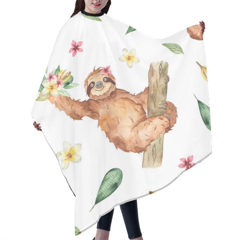 Personality  Cute Sloths And Tropical Flowers And Leaves On A White Background. Watercolor Seamless Pattern Hair Cutting Cape