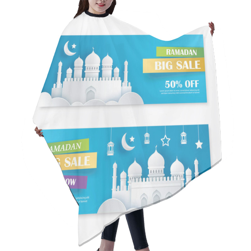 Personality  Ramadan Kareem Big Sale Banner Design With Crescent Moon Paper Art Background. Use For Greeting Card, Poster, Flyer, Brochure, Vector Illustration Template. Hair Cutting Cape