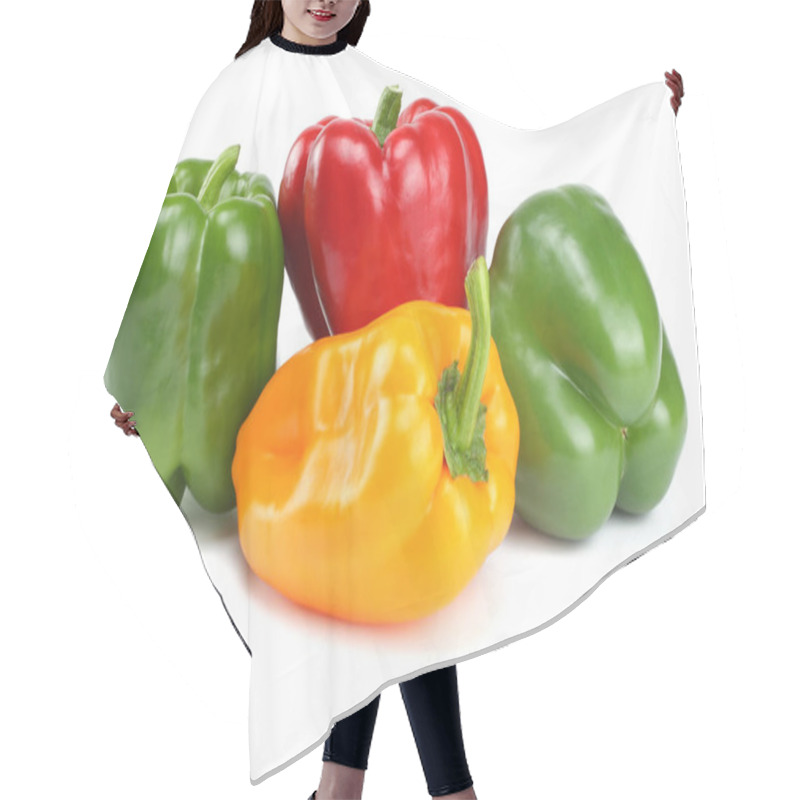 Personality  green, red, yellow sweet bell peppers isolated on white background hair cutting cape