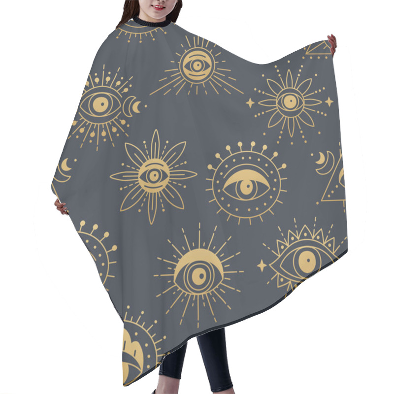 Personality  Gold Evil Doodle Eye Seamless Pattern Design. Hand Drawn Witchcraft Eye Talisman Hair Cutting Cape