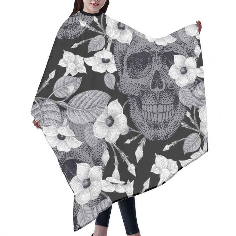 Personality  Seamless Pattern With Flowers And Skulls. Hair Cutting Cape