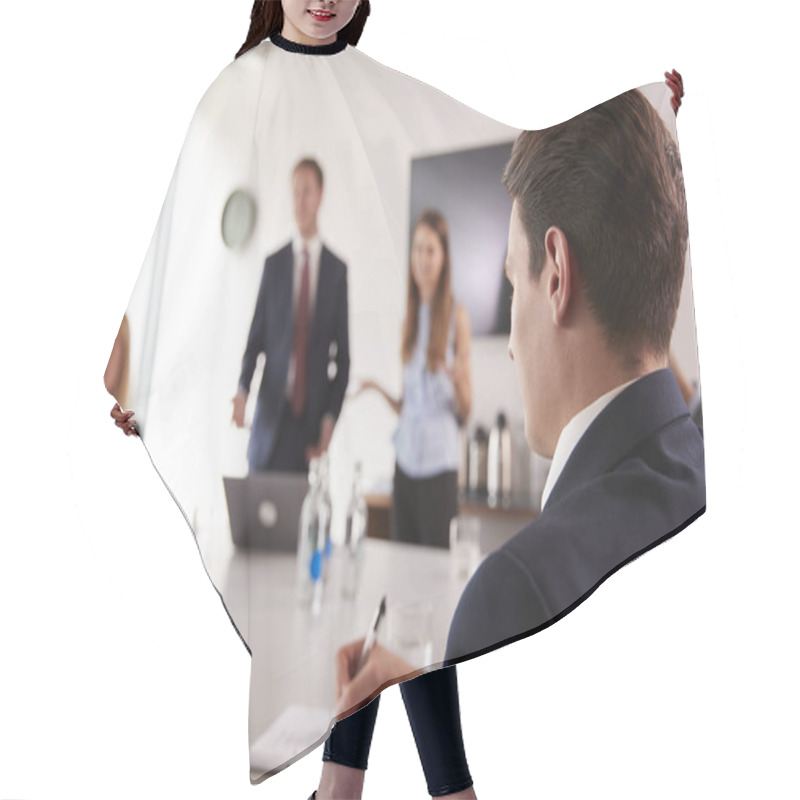 Personality  Businessman Making Notes At Group Meeting Around Table On Graduate Recruitment Assessment Day Hair Cutting Cape