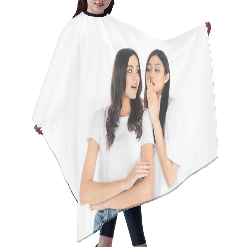 Personality  Asian Woman Telling Secret To Surprised Friend Standing With Crossed Arms Isolated On White Hair Cutting Cape