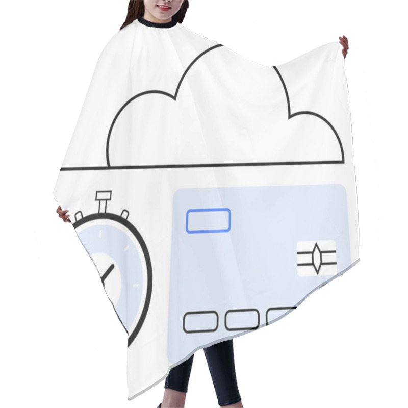 Personality  Cloud Outline Stopwatch And Credit Card. Ideal For Cloud Services, Billing, Transactions, Finance, Time Management, Payment Systems, Security. Line Metaphor Hair Cutting Cape