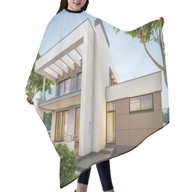 Personality  3d Rendering Of Modern House At Evening Hair Cutting Cape