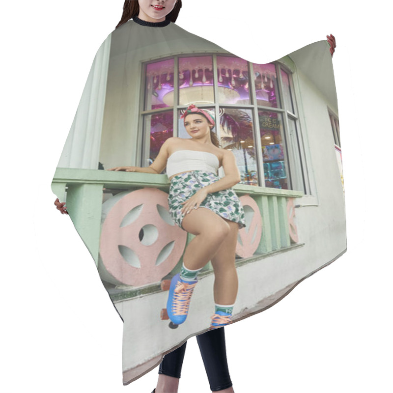 Personality  A Young Woman In Sunglasses And Stylish Attire Poses On Roller Skates In Miami. Hair Cutting Cape