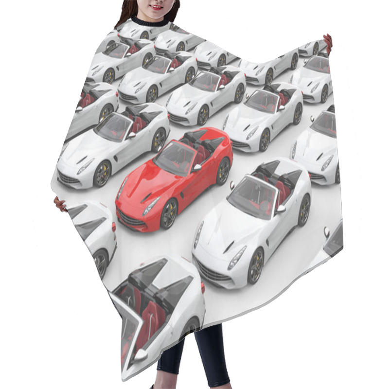 Personality  Awesome Red Sports Car Stands Out In The Middle Of The Field Of White Cars Hair Cutting Cape