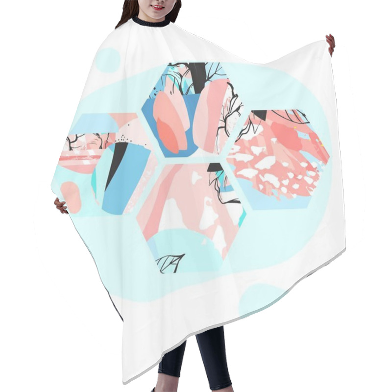 Personality  Hand Drawn Vector Artistic Universal Textured Abstract Composition Witth Hexagon Shapes,hand Made Textures And Nature Motifs In Pastel Colors Isolated On White Background.Unusual Trendy Spring Design. Hair Cutting Cape