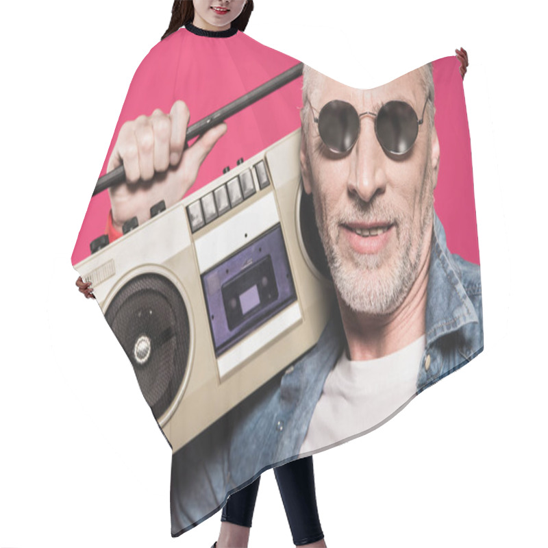 Personality  Man Holding Tape Recorder Hair Cutting Cape