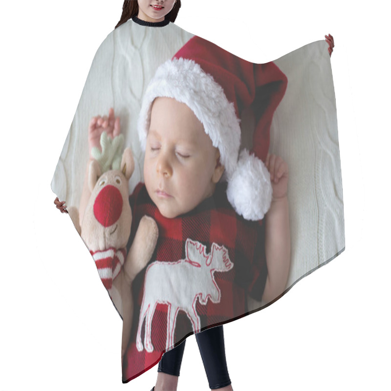 Personality  Little Sleeping Newborn Baby Boy, Wearing Santa Hat  Hair Cutting Cape