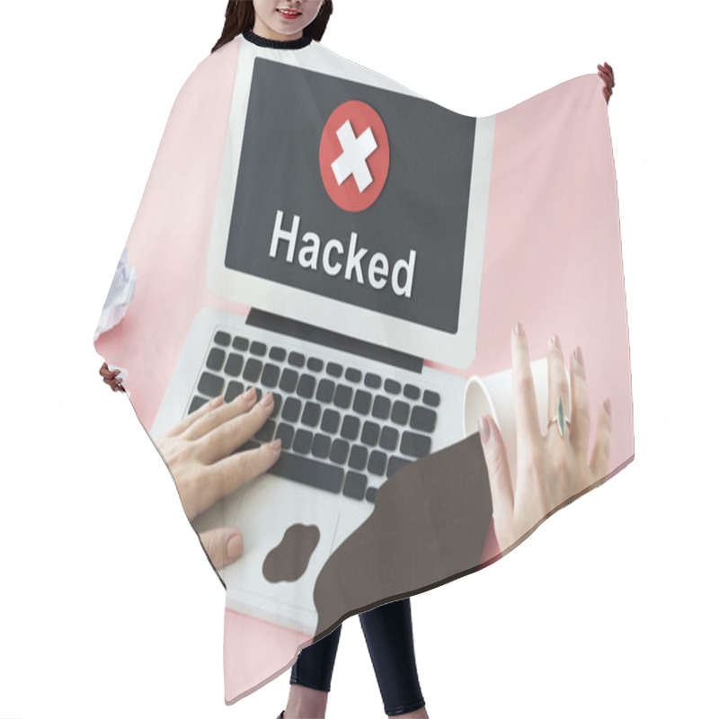 Personality  Woman Typing On Laptop Keyboard Hair Cutting Cape