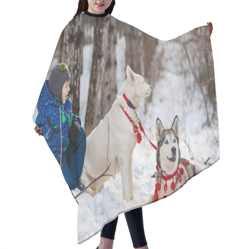 Personality  Child And Husky Walk In The Winter Woods Hair Cutting Cape