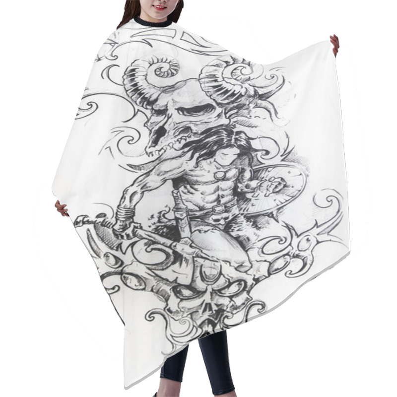 Personality  Viking Warrior, Sketch Of Tattoo Hair Cutting Cape