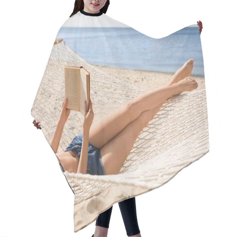 Personality  Young Woman Reading Book In Hammock On Beach Hair Cutting Cape