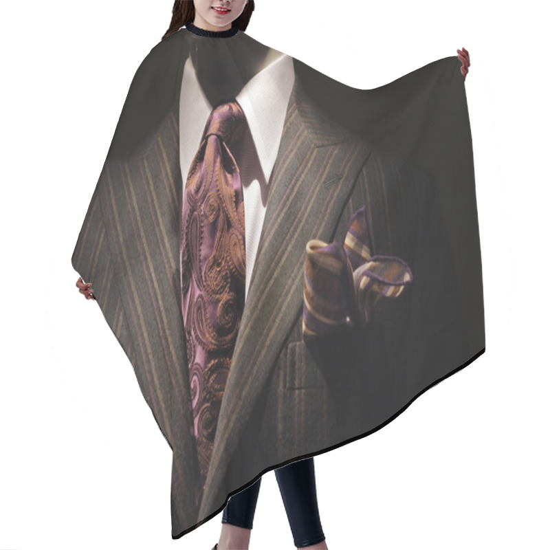 Personality  Dark Brown Striped Jacket, Purple Tie And Handkerchief Hair Cutting Cape