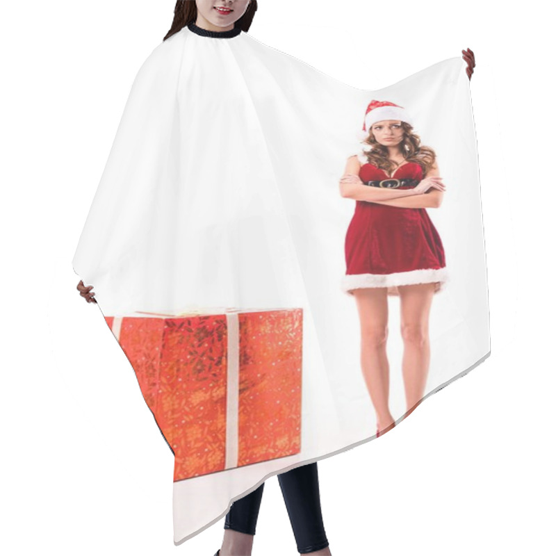 Personality  Upset Santa Girl With Big Gift Hair Cutting Cape