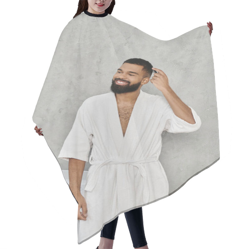 Personality  A Cheerful Man In A Bathrobe Is Enjoying A Tranquil Moment At Home. Hair Cutting Cape