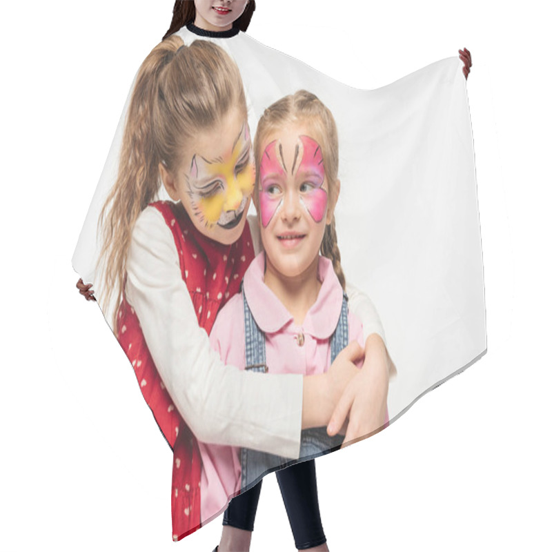 Personality  Adorable Kid With Cat Muzzle Painting On Face Embracing Friend With Painted Butterfly Mask Isolated On White Hair Cutting Cape