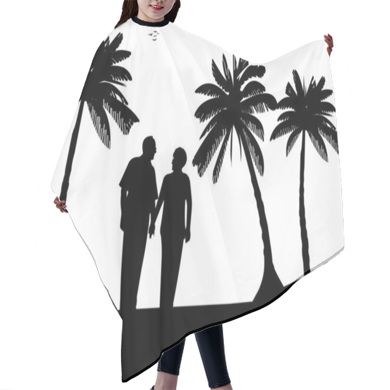 Personality  Lovely Retired Elderly Couple Walking On The Beach Between Palm Trees Hair Cutting Cape