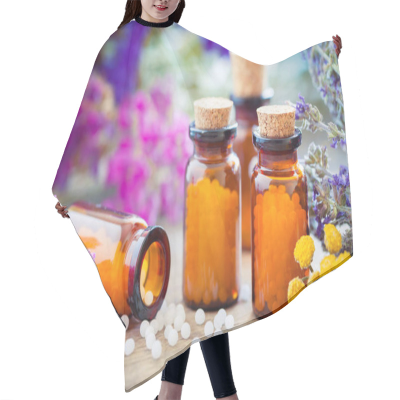 Personality  Bottles Of Homeopathic Globules, Mortar, Healing Herbs And Flowers. Hair Cutting Cape